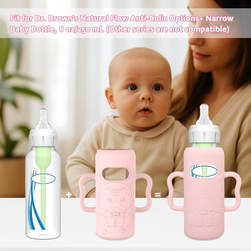 KingKam 4 Pack Silicone Sleeves for Dr. Brown's Glass Baby Bottles, Drop Protection Bottle Sleeves with Handles, Compatible with Dr. Brown's Anti-Colic Options+ Narrow Glass Baby Bottles, 8 oz/250 mL - Image 2